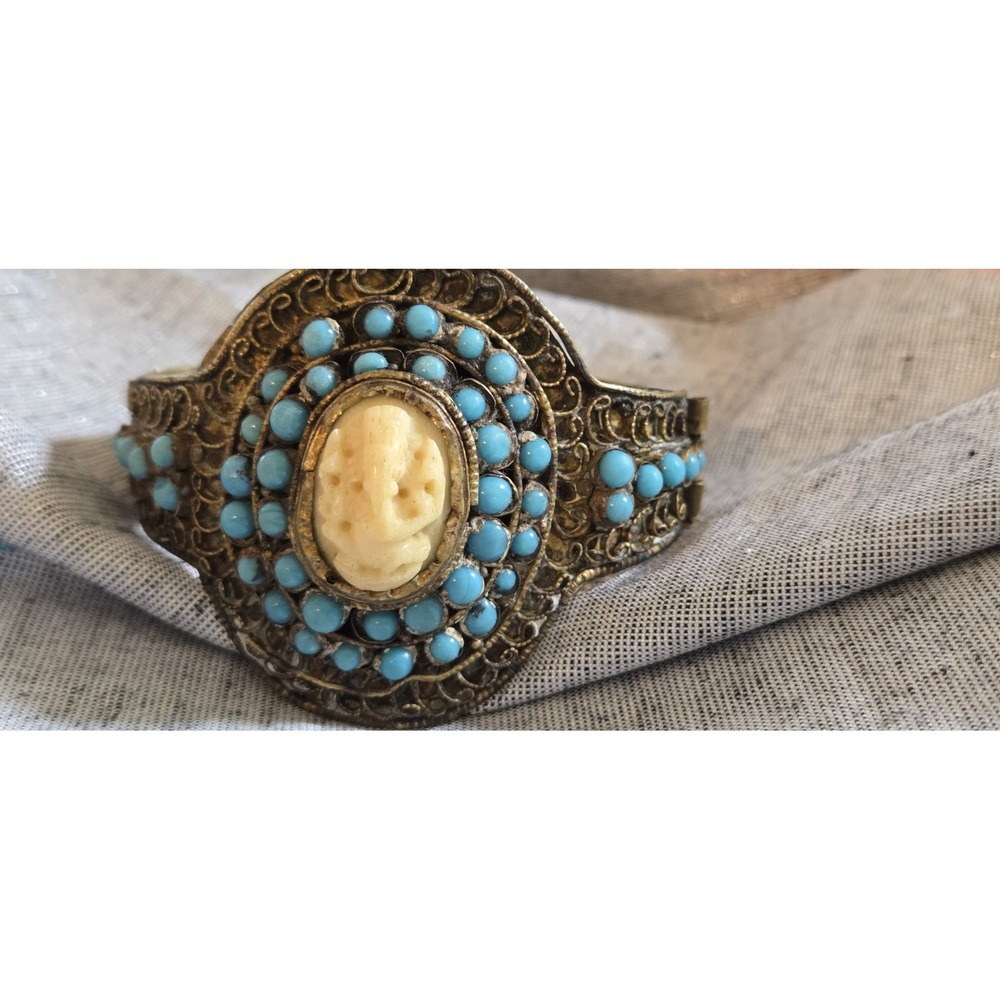 Tibetan Cuff Turquoise Carved Mask Vintage Brass Tribal Style